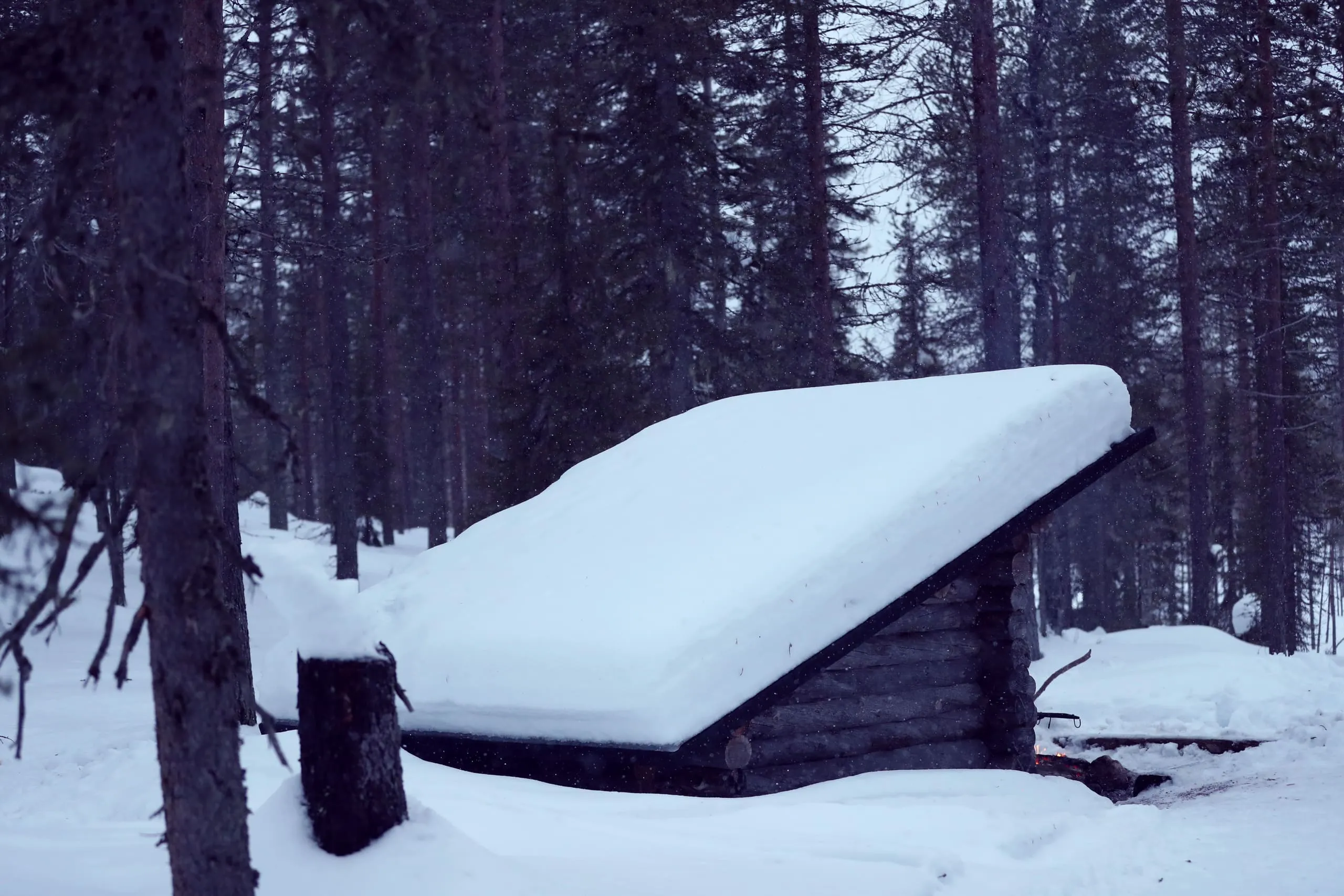 Open houten schuilhut met een schuin dak waar een dikke laag sneeuw op ligt.
